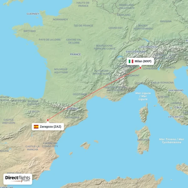 Milan - Zaragoza direct flight map