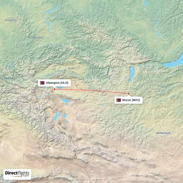 Moron - Ulaangom direct flight map