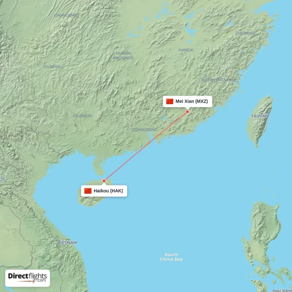 Mei Xian - Haikou direct flight map