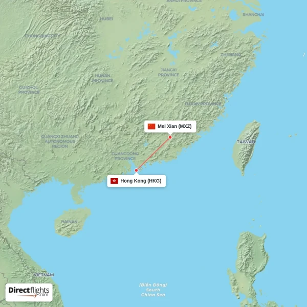 Mei Xian - Hong Kong direct flight map