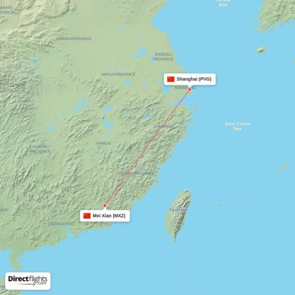 Mei Xian - Shanghai direct flight map