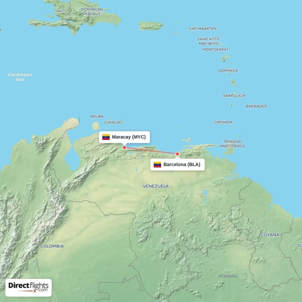 Maracay - Barcelona direct flight map