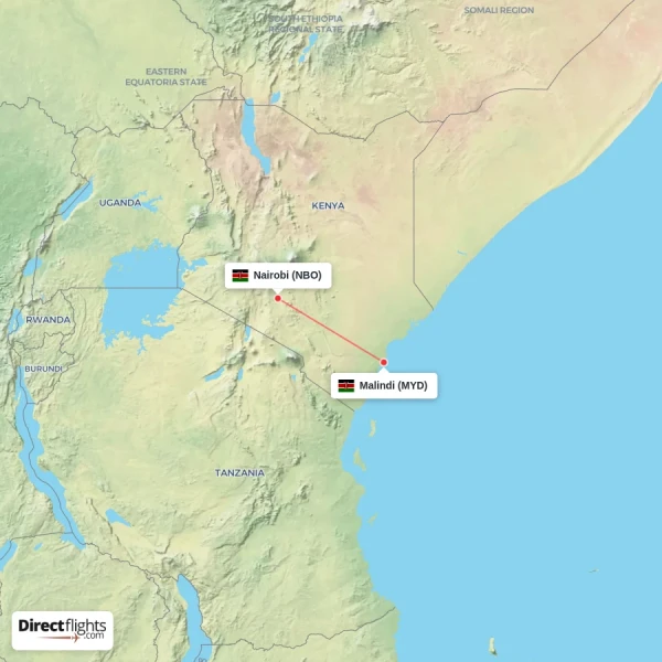 Malindi - Nairobi direct flight map