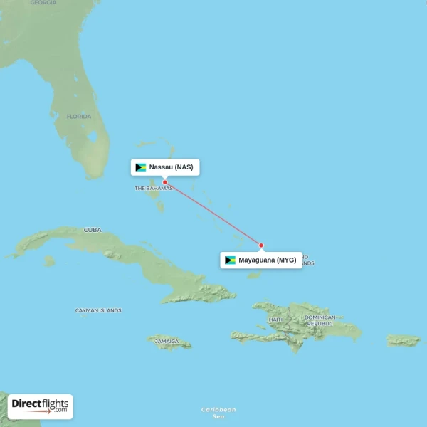 Mayaguana - Nassau direct flight map