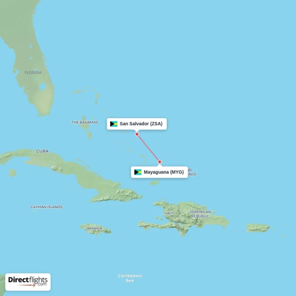 Mayaguana - San Salvador direct flight map