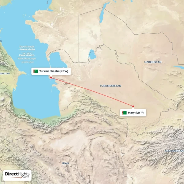 Mary - Turkmanbashi direct flight map