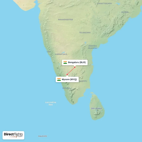 Mysore - Bengaluru direct flight map