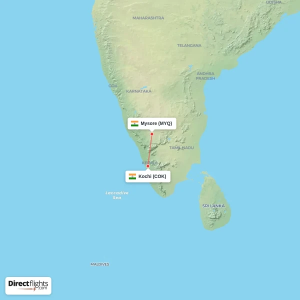 Mysore - Kochi direct flight map
