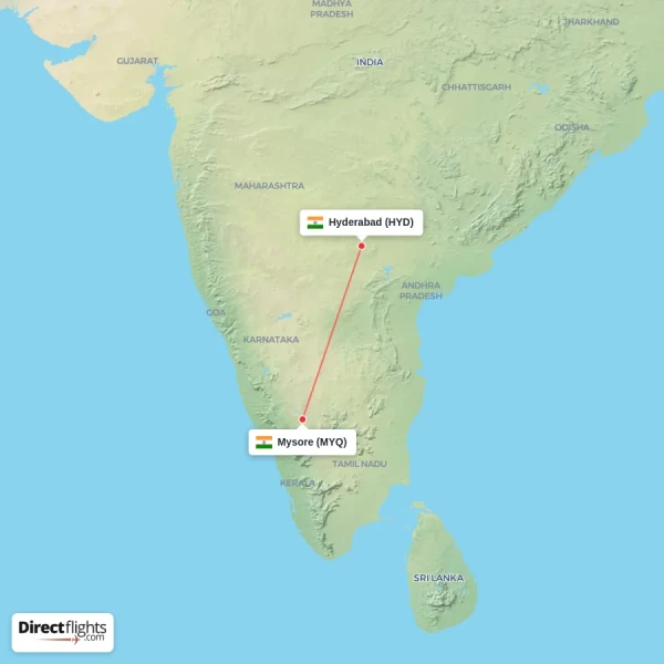 Mysore - Hyderabad direct flight map