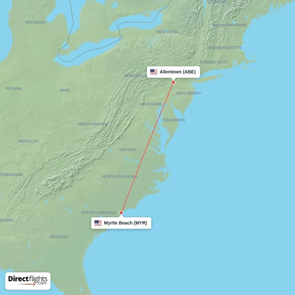 Myrtle Beach - Allentown direct flight map