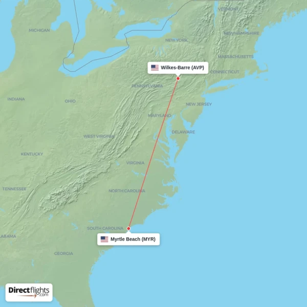 Myrtle Beach - Wilkes-Barre direct flight map