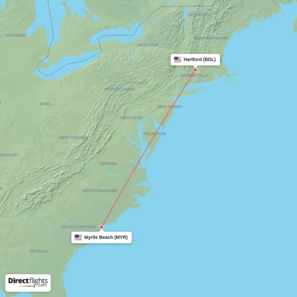 Myrtle Beach - Hartford direct flight map
