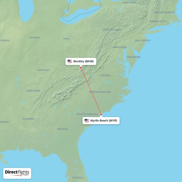 Myrtle Beach - Beckley direct flight map