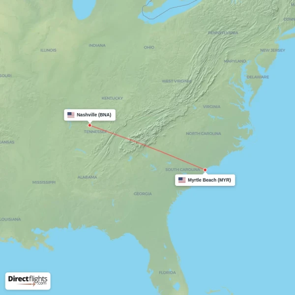 Myrtle Beach - Nashville direct flight map