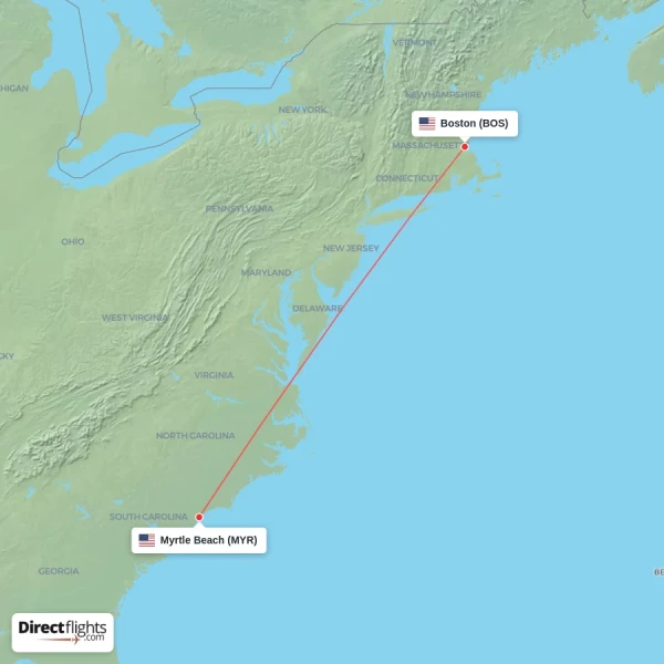 Myrtle Beach - Boston direct flight map