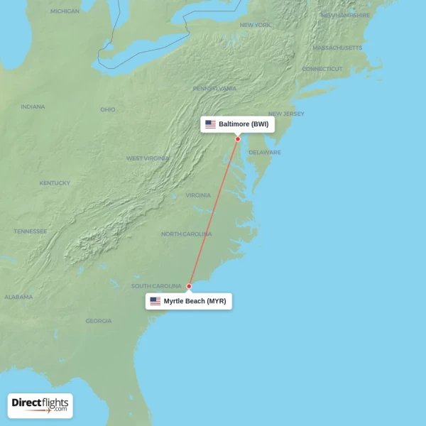 Myrtle Beach - Baltimore direct flight map