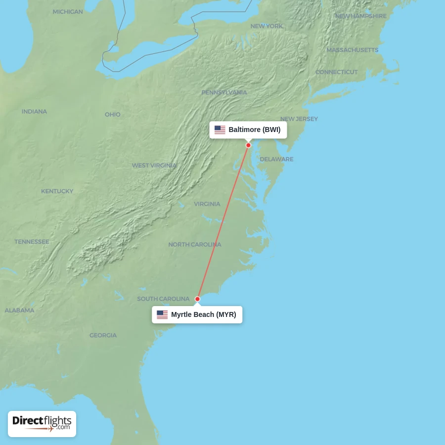 MYR - BWI route map