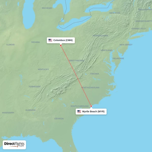 Myrtle Beach - Columbus direct flight map