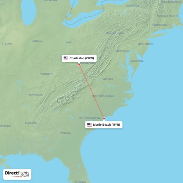 Myrtle Beach - Charleston direct flight map