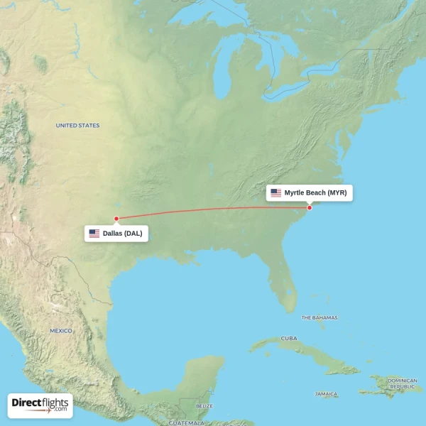 Myrtle Beach - Dallas direct flight map