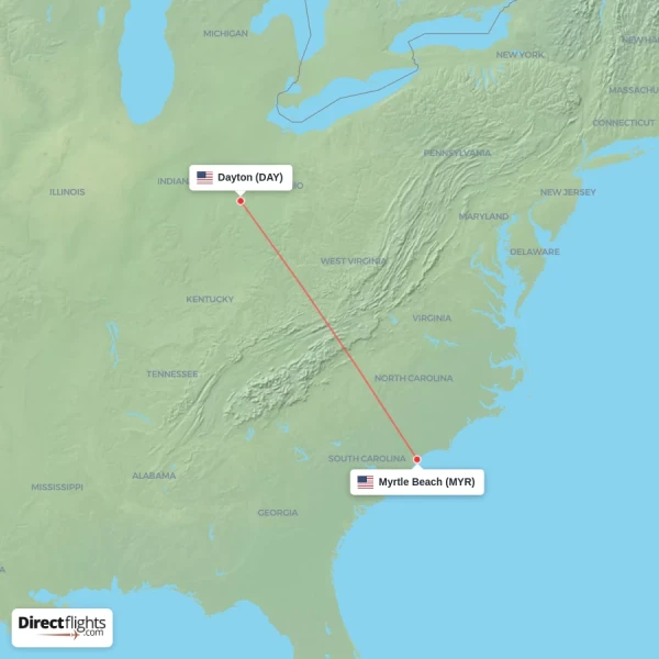 Myrtle Beach - Dayton direct flight map