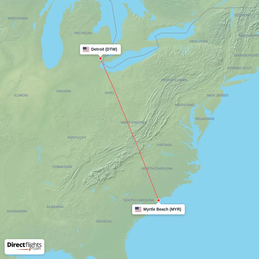 MYR - DTW route map