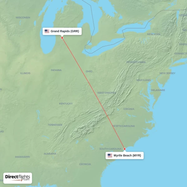 Myrtle Beach - Grand Rapids direct flight map