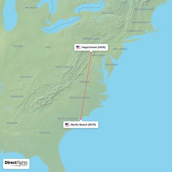 Myrtle Beach - Hagerstown direct flight map