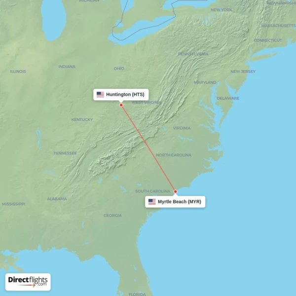 Myrtle Beach - Huntington direct flight map