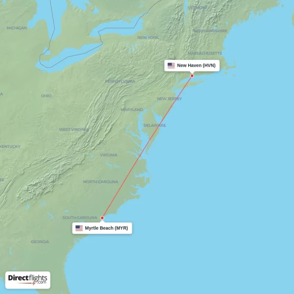 Myrtle Beach - New Haven direct flight map