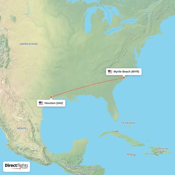 Myrtle Beach - Houston direct flight map