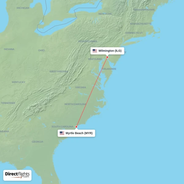 Myrtle Beach - Wilmington direct flight map