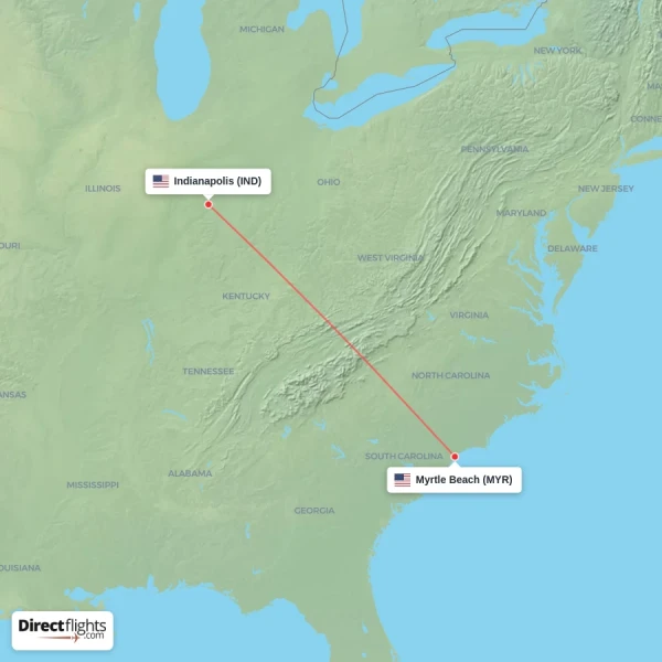Myrtle Beach - Indianapolis direct flight map
