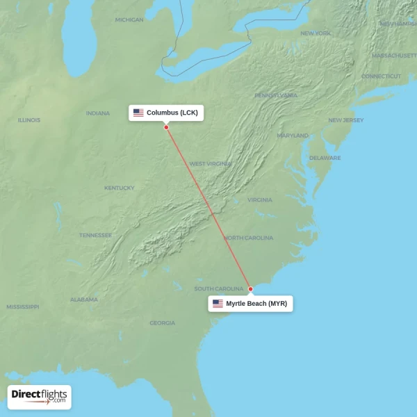 Myrtle Beach - Columbus direct flight map