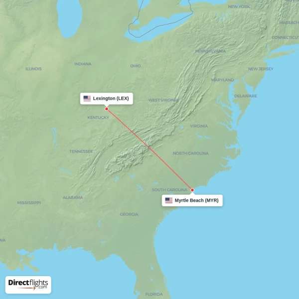Myrtle Beach - Lexington direct flight map
