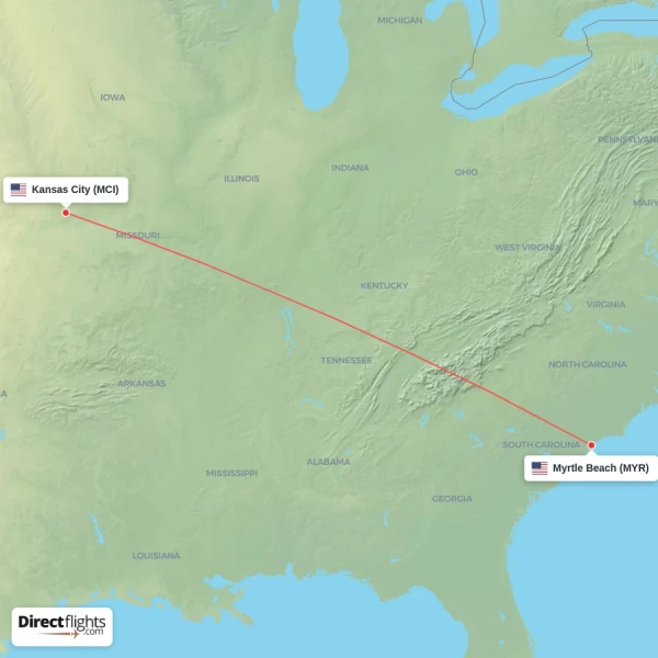 Myrtle Beach - Kansas City direct flight map