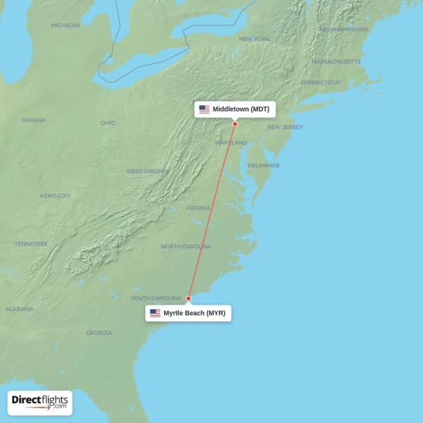 Myrtle Beach - Middletown direct flight map