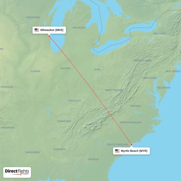 Myrtle Beach - Milwaukee direct flight map