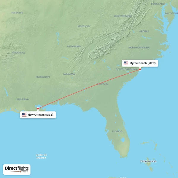 Myrtle Beach - New Orleans direct flight map