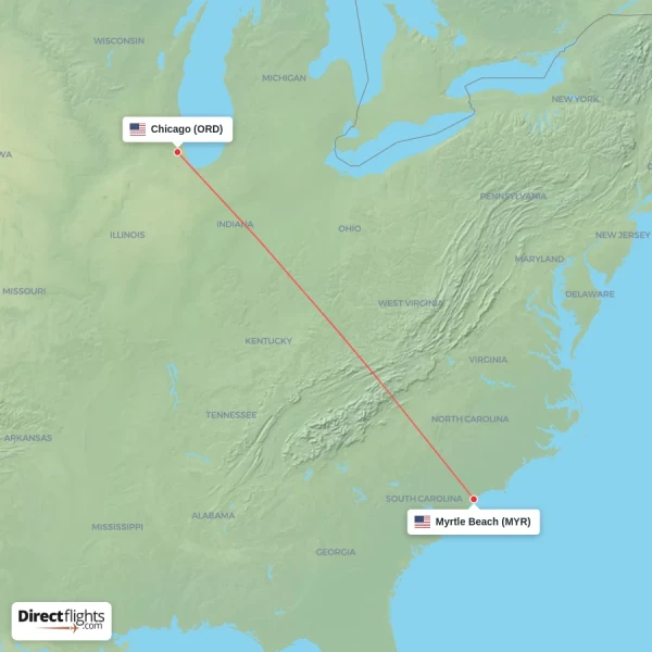 Myrtle Beach - Chicago direct flight map