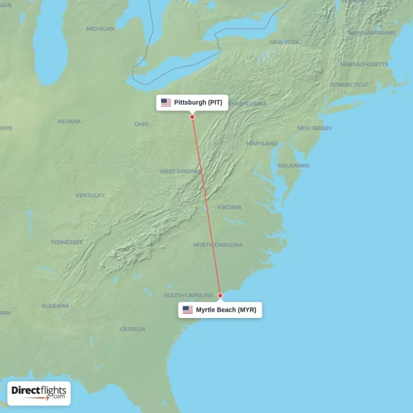 Myrtle Beach - Pittsburgh direct flight map