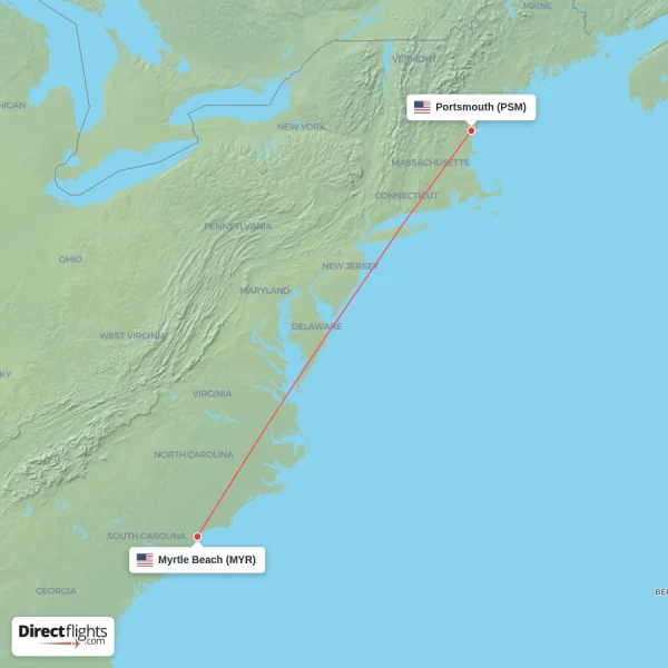 Myrtle Beach - Portsmouth direct flight map