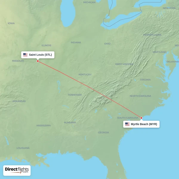 Myrtle Beach - Saint Louis direct flight map