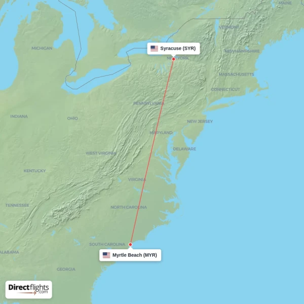 Myrtle Beach - Syracuse direct flight map