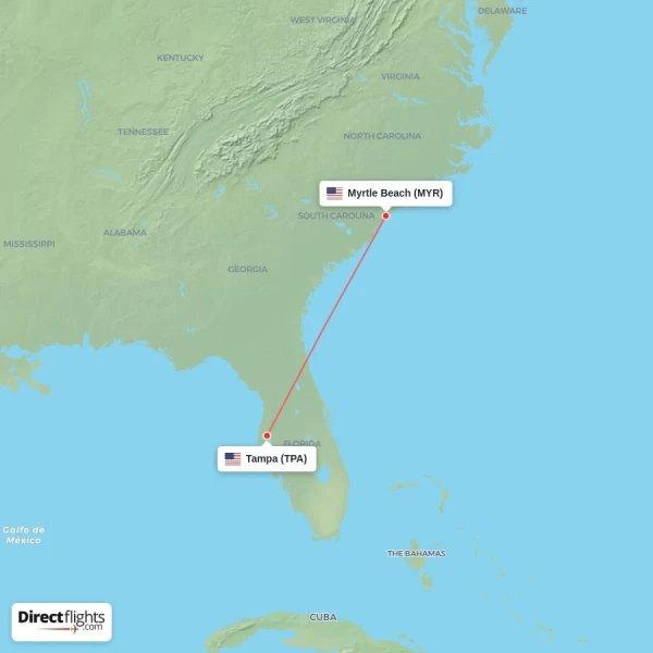 Myrtle Beach - Tampa direct flight map