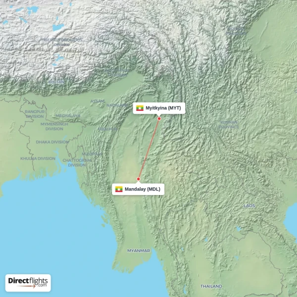 Myitkyina - Mandalay direct flight map