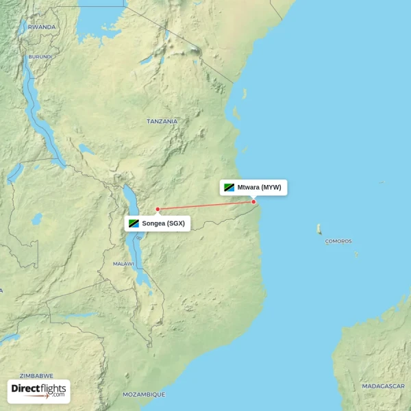 Mtwara - Songea direct flight map