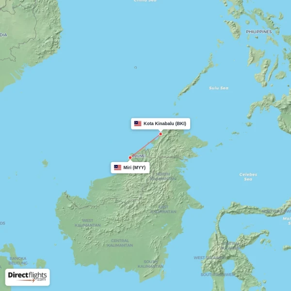 Miri - Kota Kinabalu direct flight map