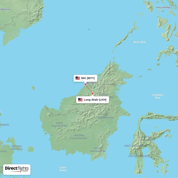 Miri - Long Akah direct flight map