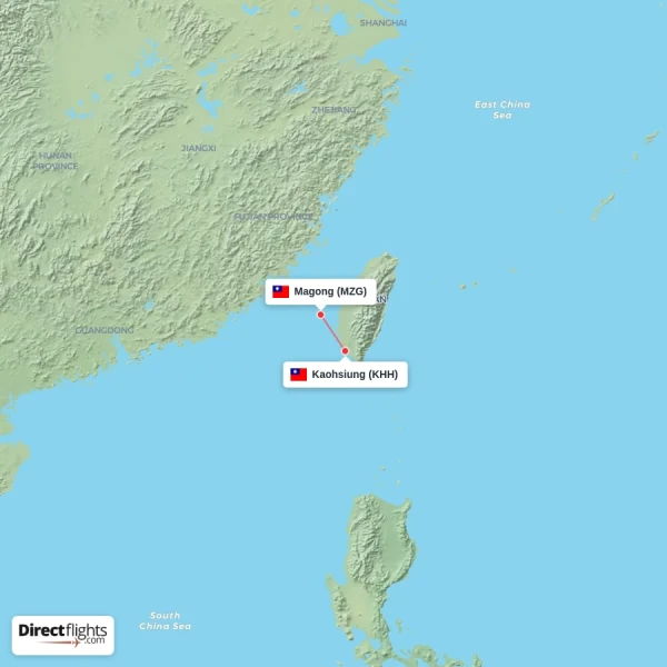 Magong - Kaohsiung direct flight map